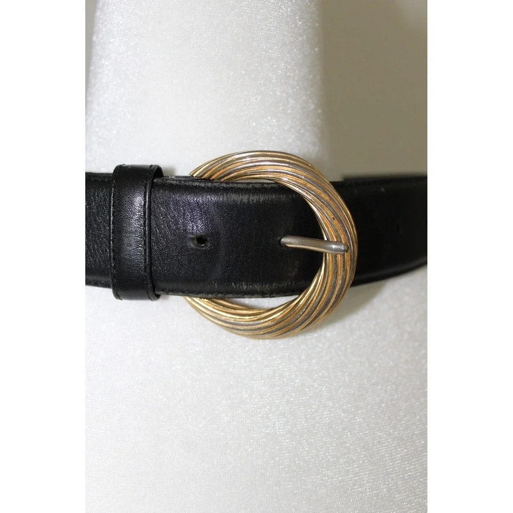 VTG Liz Claiborne Black Leather Belt Gold Ribbed Round Buckle Size Small